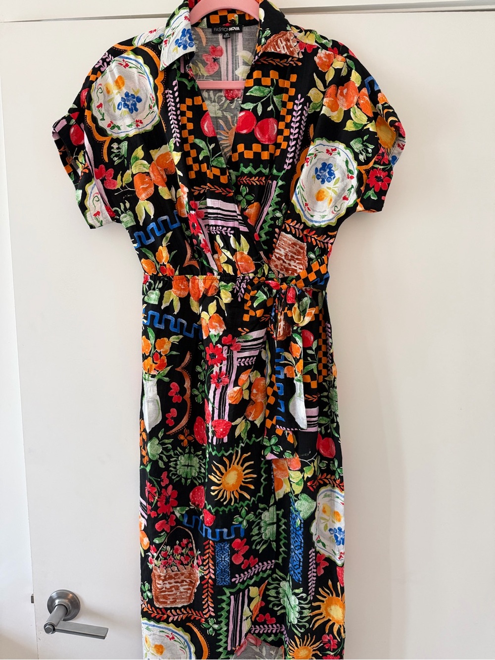 Fashion Nova Organic Market Wrap MIDI Dress - Black/Combo Size Medium